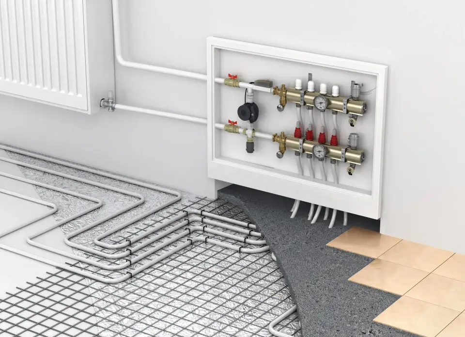 Wet underfloor heating pipework installation